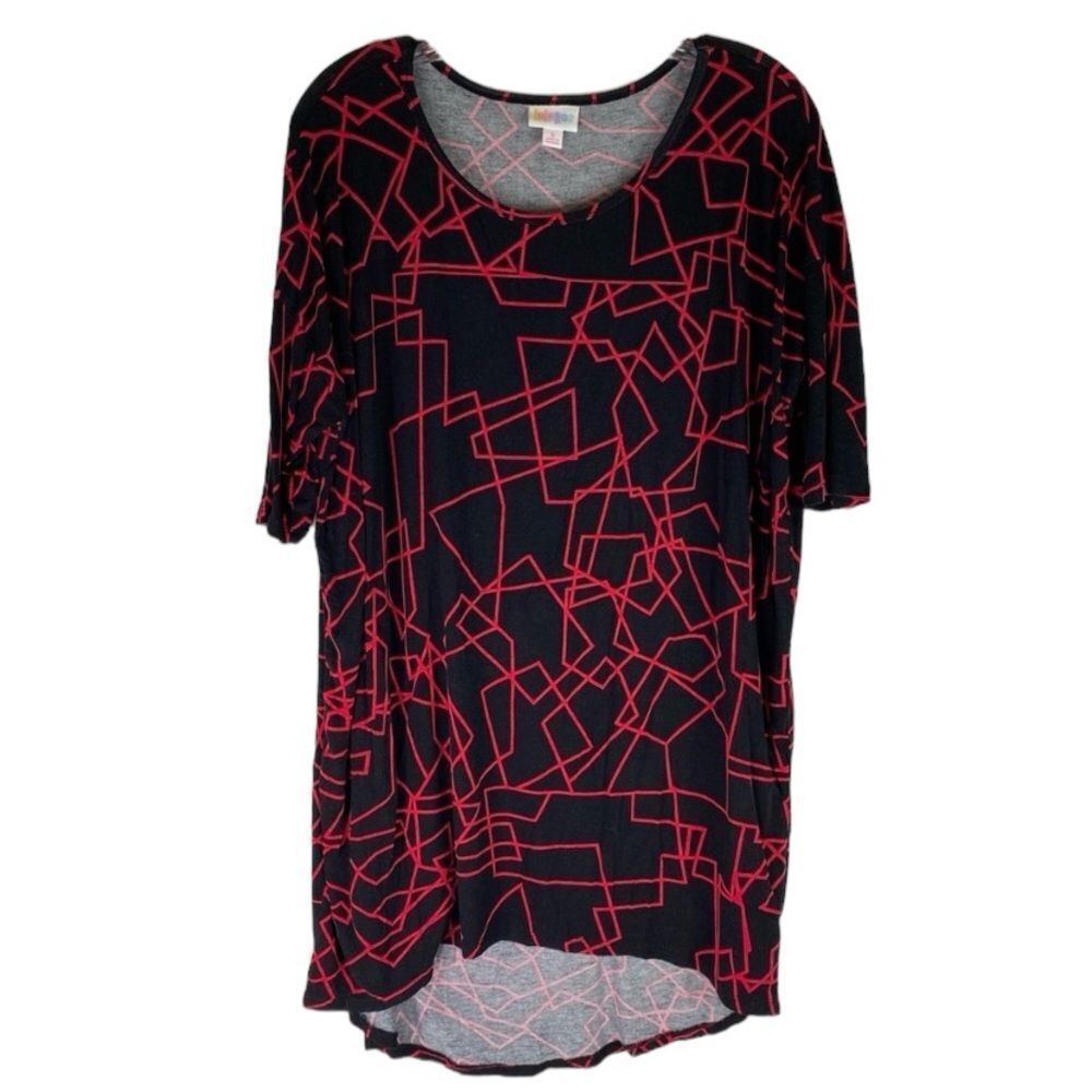LulaRoe Tunic Women’s Black Red Hi Low Hem Irma Short Sleeve Stretch S‎